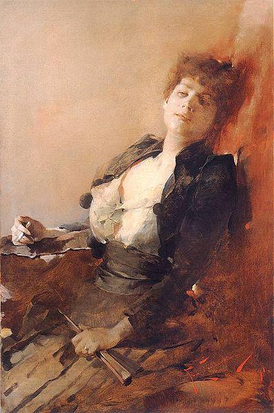 Franciszek zmurko Portrait of a woman with a fan and a cigarette